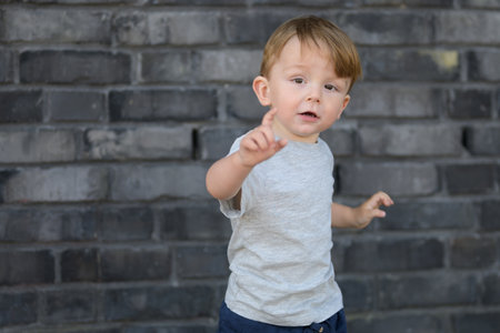 Adorable young toddler boy standing in front of a dark brick wall, wearing a light gray T-shirt and dark shorts.の写真素材