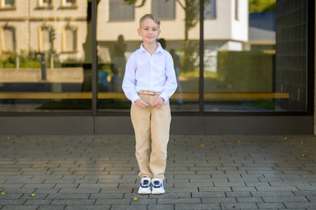Stylish young boy with blond hair wearing a white shirt, beige pants, and sneakers standing outside in daylight, looking calm and self-assured.の写真素材