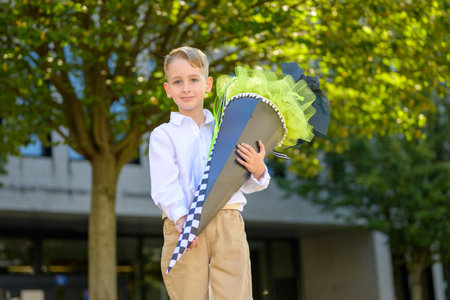 Young boy in beige pants and white shirt holding a large decorated school cone outdoors on his first day of school.の写真素材