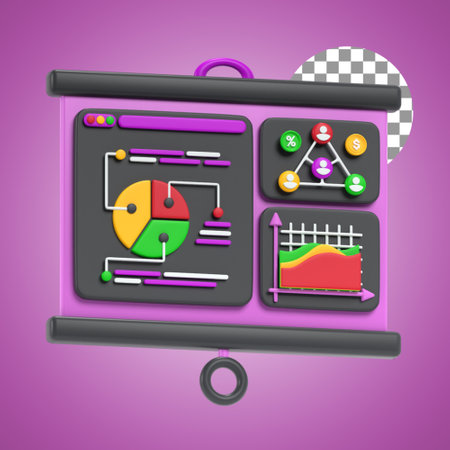 Illustration of a presentation board with graphs and charts in 3d renderのイラスト素材