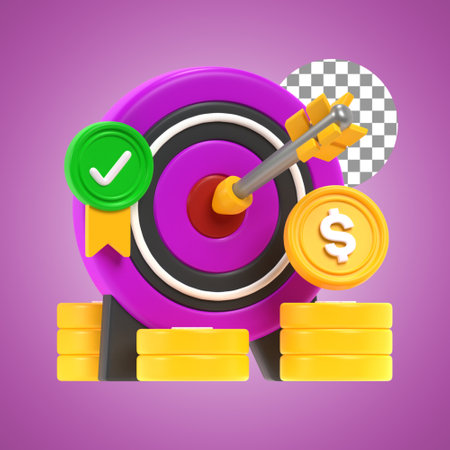 Target with arrows and coins isolated on purple background. 3d illustration. Business target in 3d renderのイラスト素材