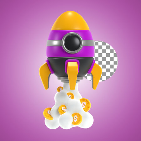 Business start up concept with rocket and coins 3d render on purple backgroundのイラスト素材