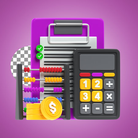 Accounting concept. Calculator, abacus, calculator and coins. 3d renderingのイラスト素材
