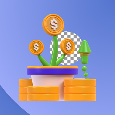 Flowerpot with coins and dollar sign. Financial growth 3d illustrationのイラスト素材
