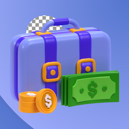 Suitcase with money on a blue background. Briefcase with money illustration 3d renderingのイラスト素材