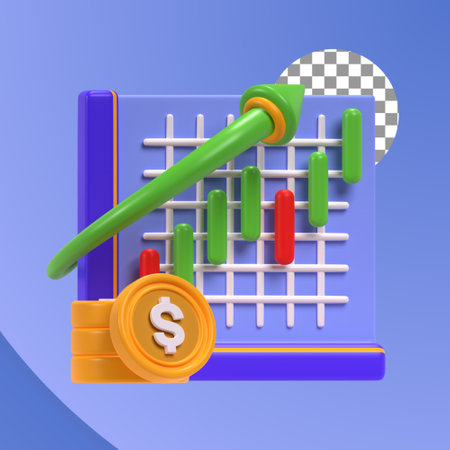 3d illustration of business graph with dollar coin and chart on blue background. Financial profit 3d renderingのイラスト素材