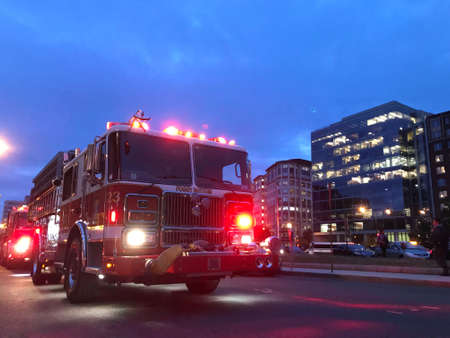 Washington, DC USA- February 03, 2019: Foggy Bottom Fire Trucks in Washington DC Wide Shot