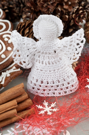 Handmade Christmas Crochet Angel with a haloの写真素材