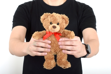 give bear teddy men man boy white backgroundの写真素材