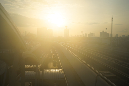 railway on the sky with sunlight morningの写真素材