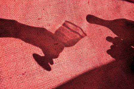 Bottle pouring wine in a glass-effect red shadow puppetryの写真素材