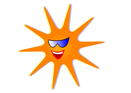 An ilustration of the sun with a big smile and sun glasses with orange rays isolated on a white background. The illustration is a vector which can be resized to any dimension without loss of quality is saved in AI8 format.のイラスト素材