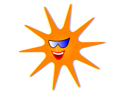 An ilustration of the sun with a big smile and sun glasses with orange rays isolated on a white background. The illustration is a vector which can be resized to any dimension without loss of quality is saved in AI8 format.の素材 [FY3103007834]