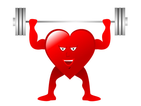 A large red Heart with arms, legs and smiling face lifting weights depicting an healthy heart isolated on a white background. のイラスト素材