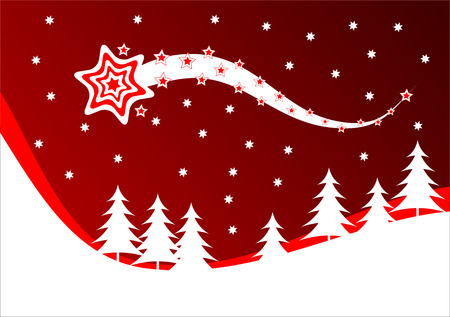 A vector christmas background illustration with a shooting star above a snow covered hillsideのイラスト素材