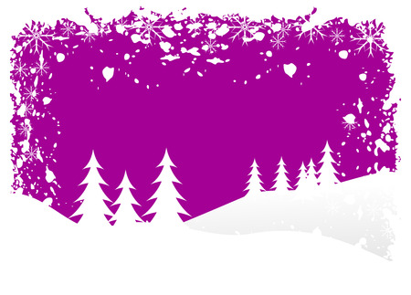 A grunge winter vector background illustration with white trees on snowy hills with a mauve sky with room for textのイラスト素材