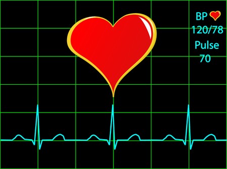 A healthy heart illustration with a cardiac trace showing normal sinus rhythm, blood pressure and pulseのイラスト素材