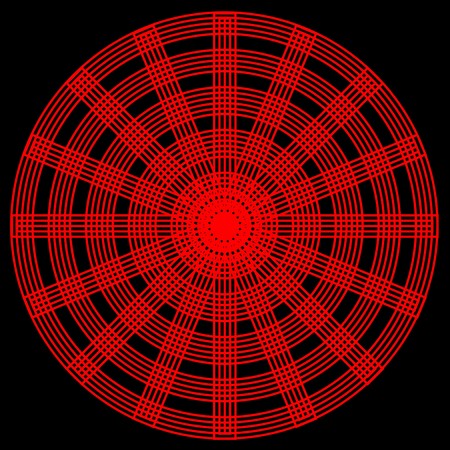 An abstract circular pattern with interlaced red circles and spokes on a black backgroundのイラスト素材