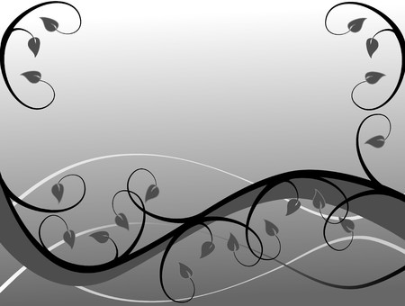 A black and white abstract floral background illustration with a winding black and grey floral design on a white background のイラスト素材