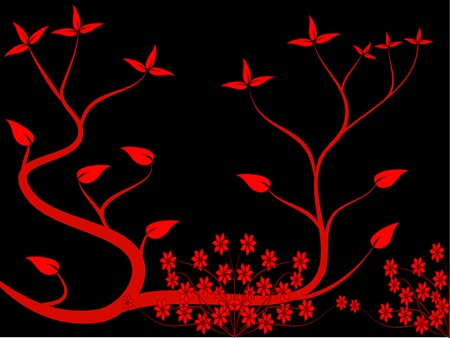 A japanese style floral  background illustration with a red stylised tree design on a black backgroundのイラスト素材