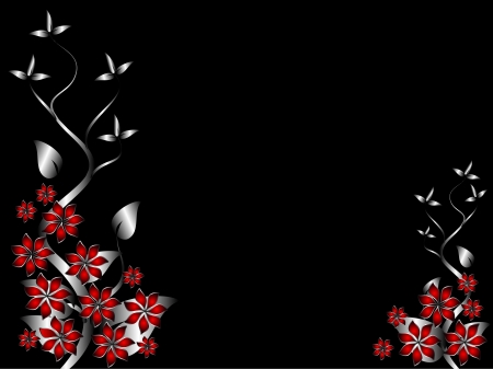 A silver and red  floral background template design with room for text on a black backgroundのイラスト素材