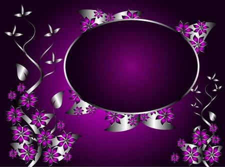 A silver and purple floral design with an oval frame for textのイラスト素材