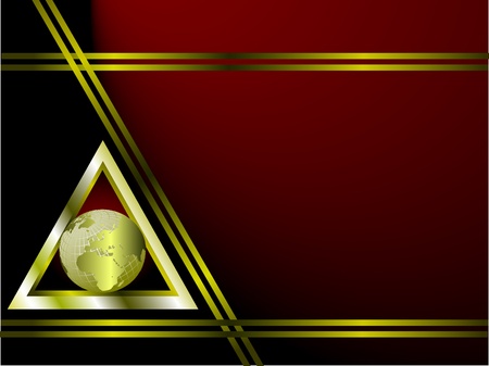 A deep red and gold Business card or Background Template with a world globe enclosed by a silver triangleのイラスト素材