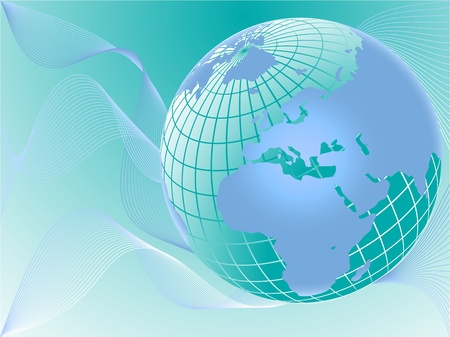 A wiremesh blue globe with europe facing on a blue abstract backgroundのイラスト素材