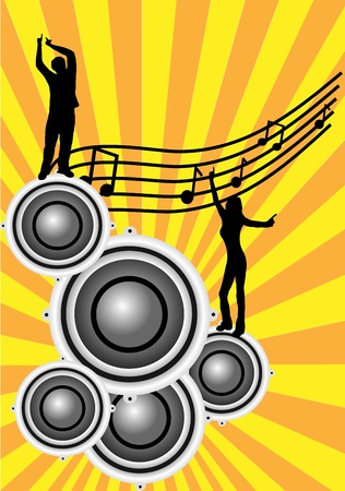 A musical illustration with a group of audio speakers on an orange  sunburst background with silhouetted dancersのイラスト素材