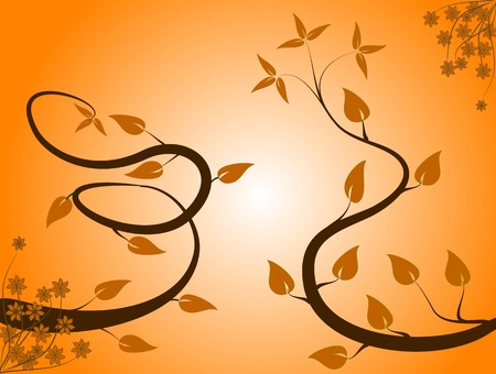 An abstract floral background ilustration with winding vines on a lighter orangegraduated backdropのイラスト素材