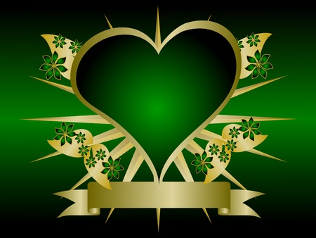 A gothic gold and green floral hearts design with room for text on a black backgroundのイラスト素材