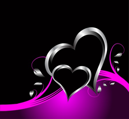 A purple hearts Valentines Day Background with silver hearts and flowers on a black backgroundのイラスト素材