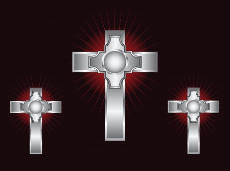 Three ornate silver crosses on a maroon background with highlighted raysのイラスト素材