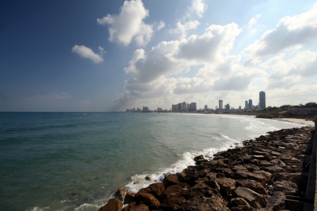 Sea coast and the view of the Tel Aviv from Old Jaffa の写真素材