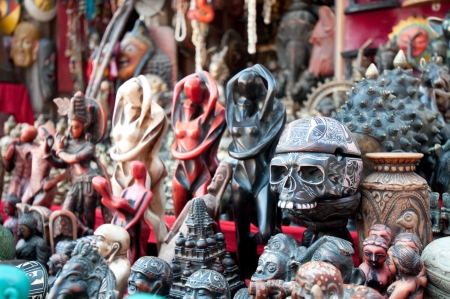 Masks, pottery,souvenirs, hanging in front of the shop, Bhaktapur, Nepalの写真素材