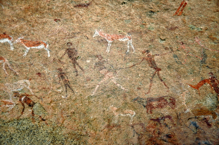 Bushmen rock painting of human figures and antelopes, Brandberg archaeological site, Namibia, southern Africaのeditorial素材