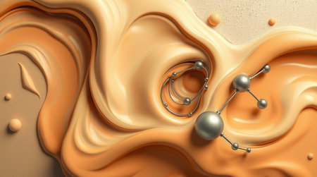 3d illustration of abstract background with golden liquid and molecules in itの写真素材