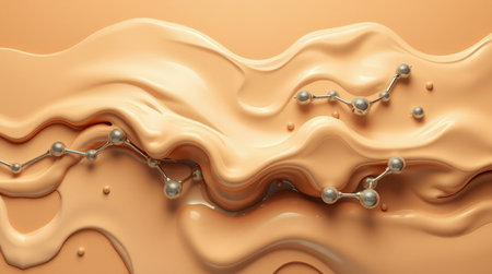 3d render of golden liquid with molecules. Abstract liquid background.の写真素材