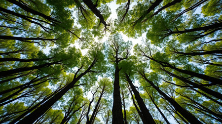 forest trees view from below into the sky. nature green wood sunlight backgroundsの写真素材