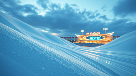 View of a beautiful soccer stadium in the eveningの写真素材
