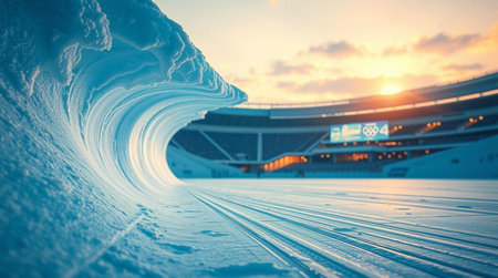 Snow tunnel in the stadium at sunset.の写真素材