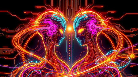 Cyborgs and human heads in a cyberspace with neon lightsの写真素材