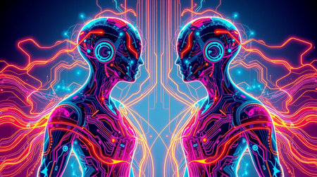 Neon cyborgs on a dark background. 3d renderingの写真素材