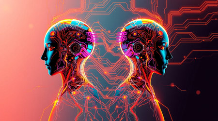 3d rendering artificial intelligence cyborgs in front of circuit boardの写真素材