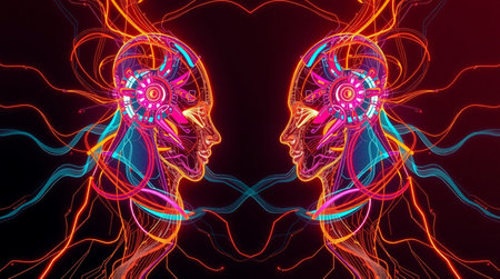 3d illustration of female and male heads with glowing neon lines.の写真素材