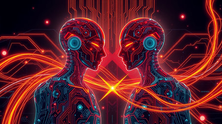 Two cyborgs looking at each other in digital cyberspace