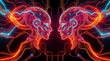 Neon cyborg heads with circuit board background, 3d rendering