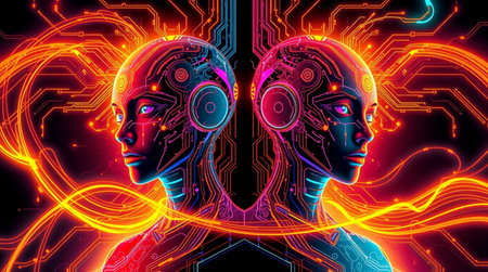 Cyborgs in the cyberspace. Artificial intelligence concept.の写真素材