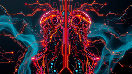 3D rendering of a human head with electrical circuit on the backgroundの写真素材