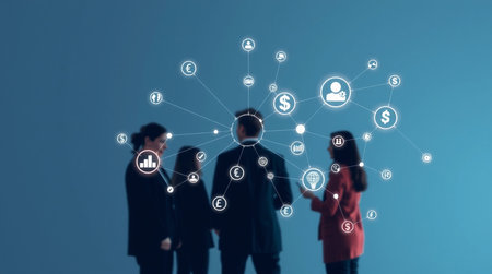 Group of business people working together with social media icons over blue backgroundの写真素材